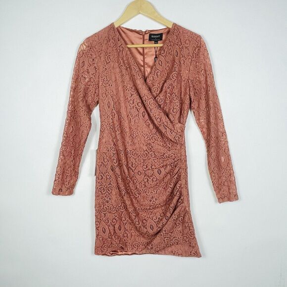 Bardot Isla Russet Brown Long Sleeve Side Ruched Lace Dress Womens Medium NEW - Picture 1 of 7